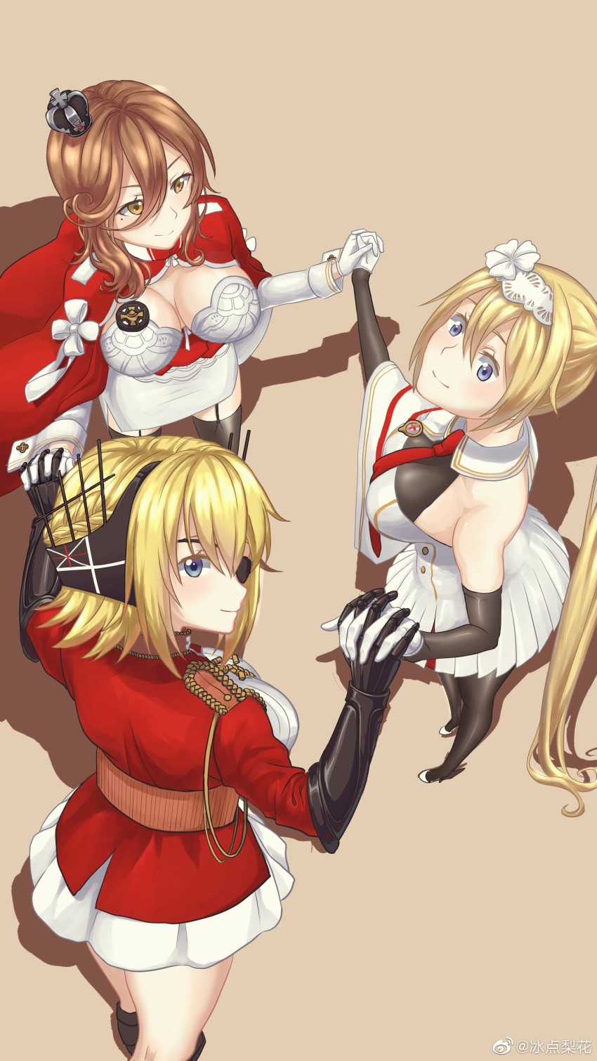 3girls absurdres bingdian_lihua black_gloves blonde_hair blue_eyes breasts brown_hair cape cleavage crown dress duke_of_york_(warship_girls_r) elbow_gloves epaulettes eyepatch flower from_above gloves hair_flower hair_ornament hair_ribbon headgear highres holding_hands king_george_v_(warship_girls_r) large_breasts long_hair looking_up military military_uniform mini_crown multiple_girls prince_of_wales_(warship_girls_r) ribbon short_hair skirt thighhighs warship_girls_r watermark weibo_watermark white_gloves yellow_eyes
