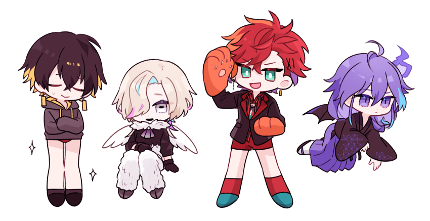4boys :d alternate_costume animal_hands antenna_hair aqua_shoes asa_no_ha_(pattern) ascot bat_wings bk0416_v black_footwear black_gloves black_hair black_jacket black_kimono black_shirt blonde_hair bobby_pin chibi closed_eyes closed_mouth crossed_arms crossed_bangs earrings feathered_wings floating full_body gloves green_eyes grey_eyes grey_hoodie hair_between_eyes hair_over_one_eye hakama highres hitodama hizaki_gamma holostars hood hoodie hooves invisible_chair jacket japanese_clothes jewelry kimono knees_together_feet_apart long_hair looking_at_viewer male_focus medium_hair minase_rio multicolored_hair multiple_boys necktie open_mouth orange_hair panties paw_gloves pink_hair purple_eyes purple_hair purple_hakama rectangular_pupils red_hair red_legwear red_panties red_shirt red_shorts sandals shirt shoes short_hair short_shorts shorts sitting smile standing streaked_hair sweatdrop tabi two-tone_hair underwear uproar_(holostars) utsugi_uyu virtual_youtuber white_fur white_hair white_legwear wings yatogami_fuma zouri