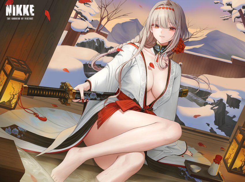 1girl absurdres arm_support bare_tree barefoot choko_(cup) commentary_request comp_(guzz3837) copyright_name cup fingernails flower goddess_of_victory:_nikke grey_hair hairband highres holding holding_sword holding_weapon japanese_clothes katana kimono korean_commentary lantern long_hair looking_at_viewer nail_polish official_alternate_costume red_flower red_hairband red_nails scarlet_(black_shadow)_(longing_flower)_(nikke) scarlet_(nikke) sitting snow solo sword tray tree very_long_hair weapon white_kimono wide_sleeves
