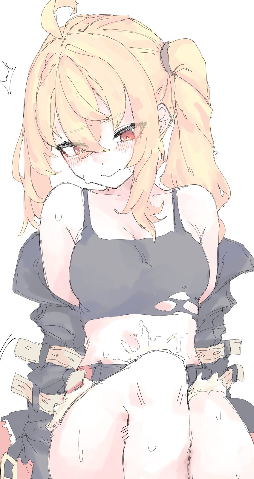 1girl absurdres ahoge arms_at_sides awkward black_jacket black_shorts black_tank_top blonde_hair blush closed_mouth cum cum_on_body cum_on_stomach highres jacket jacket_partially_removed looking_down luciana_de_montefio micro_shorts mocamocaink open_clothes open_jacket red_eyes shorts simple_background sitting smile solo sweat tank_top torn_clothes torn_shorts twintails white_background zenless_zone_zero
