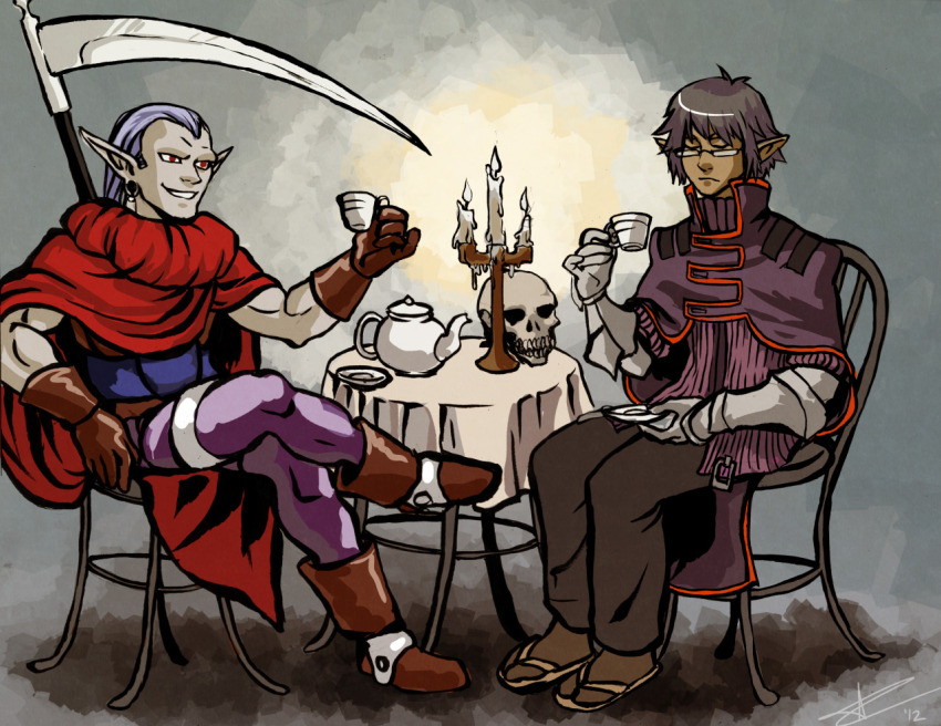 2boys black_hair boots brown_boots brown_gloves brown_socks candle candlestand cape capelet chair chrono_trigger closed_eyes commission cup dark-skinned_male dark_skin gauntlets gloves griff_(recettear) magus_(chrono_trigger) male_focus multiple_boys recettear red_cape red_eyes sandals scythe second-party_source sitting skull socks teacup teapot varethane