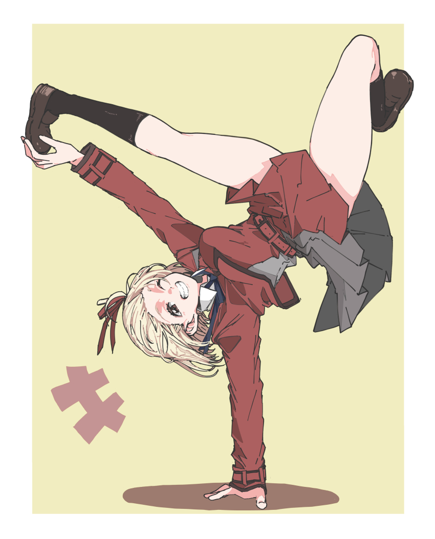 1girl absurdres black_outline black_socks blonde_hair blush border brown_shoes commentary_request dress grey_dress grin hair_ribbon hand_up handstand highres kneehighs legs loafers long_sleeves looking_at_viewer lycoris_recoil nishikigi_chisato one_arm_handstand outline outside_border panyatteria pleated_dress red_dress red_eyes red_ribbon ribbon shoes short_hair smile socks solo thighs two-tone_dress white_border yellow_background