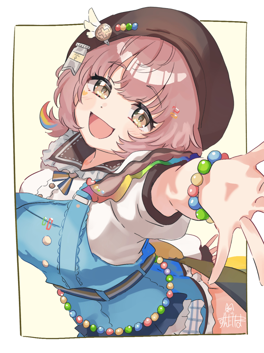 1girl :d beads belt beret blue_overalls bracelet brown_collar brown_hair brown_hat collar commentary fluffy_hair hat hat_pin highres idolmaster idolmaster_shiny_colors ikuta_haruki inset_border jewelry light_blush looking_at_viewer open_mouth outstretched_hand overalls rainbow_trim shirt short_hair short_sleeves smile solo tareme white_shirt yellow_background yellow_eyes zundasiba8