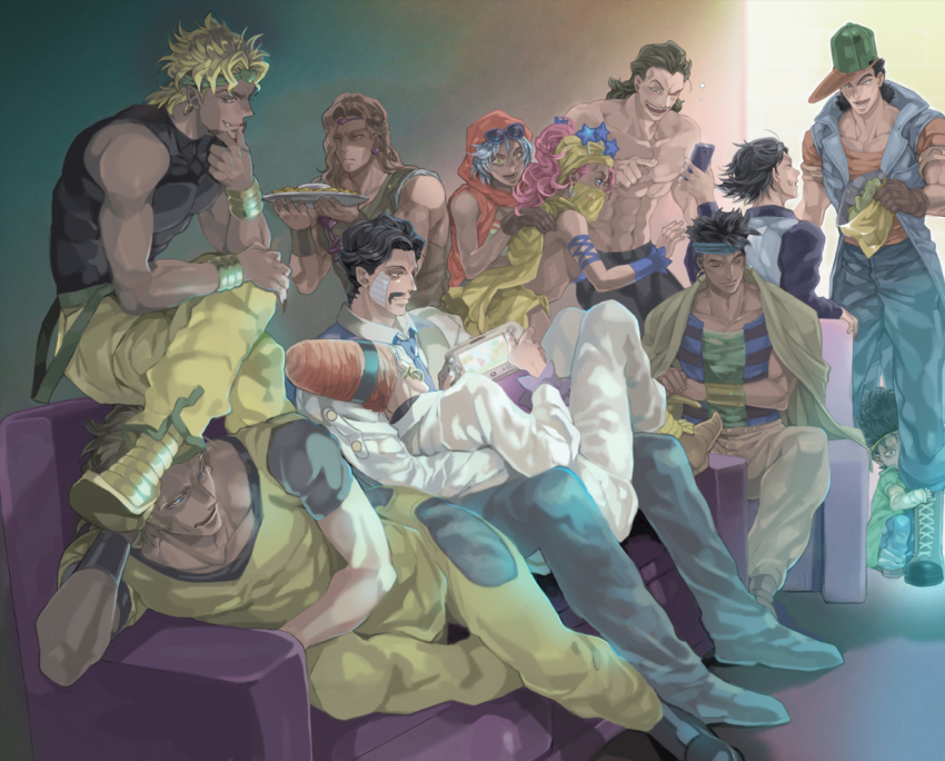 2girls 6+boys abs black_hair blonde_hair blue_eyes boingo boots breasts brothers brown_gloves brown_hair cellphone collarbone controller daniel_j._d&#039;arby dio_brando earrings closed_eyes eyewear_on_head facial_hair facial_mark fangs frown game_console game_controller gloves grin hair_ornament hairband hat head_rest hiding hol_horse hood jewelry jojo_no_kimyou_na_bouken kakipiinu light long_hair lying_on_lap mariah_(jojo) midler multiple_boys multiple_girls muscular mustache n&#039;doul oingo open_mouth orange_hair phone pink_hair pointy_footwear rubber_soul scarf topless_male shoes siblings sideboob silver_hair smartphone smile star_(symbol) star_hair_ornament steely_dan sunglasses tank_top tattoo terence_t._d&#039;arby tray vanilla_ice visor_cap wii_u wrist_cuffs yellow_eyes