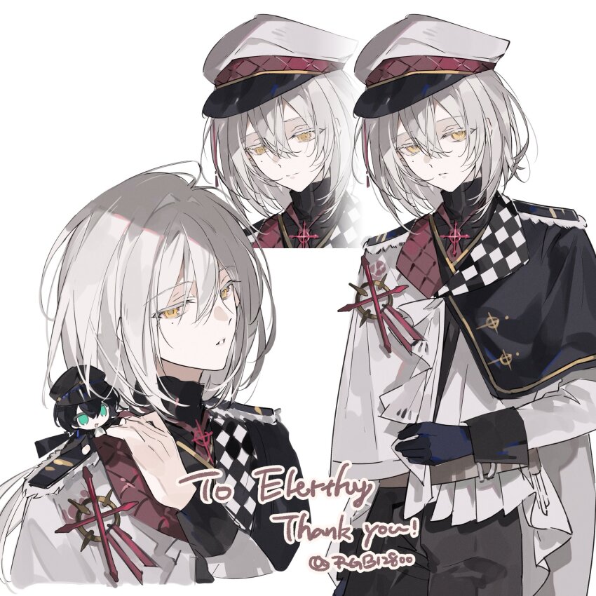 1boy capelet gloves grey_hair hair_between_eyes hat highres long_sleeves male_focus multiple_views original peaked_cap rgb12800 shirt short_hair white_background white_hair yellow_eyes