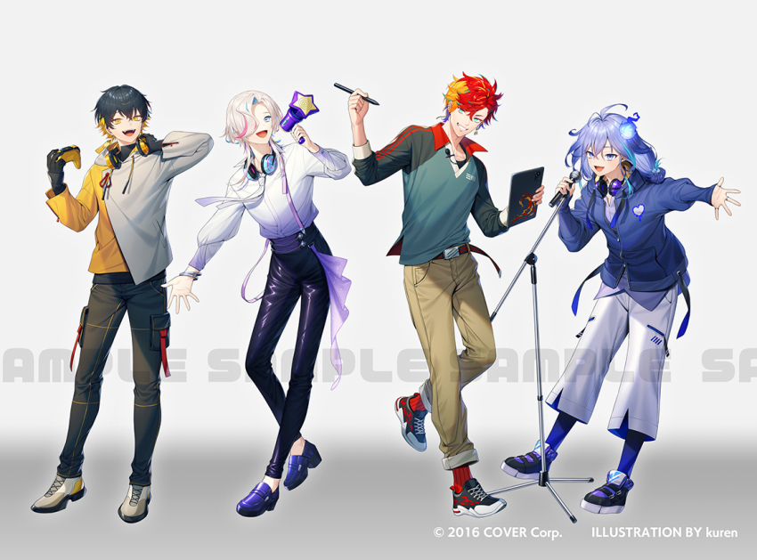 4boys :d alternate_costume antenna_hair aqua_shirt artist_name belt black_belt black_gloves black_hair black_pants black_shirt black_shoes black_sleeves blonde_hair blue_eyes blue_hair blue_jacket blue_socks bracelet brown_pants capri_pants collared_shirt controller copyright_notice crossed_bangs curtained_hair drawstring earrings fangs full_body game_controller gloves gradient_background grey_background grey_hoodie grin hair_between_eyes hair_over_one_eye hand_on_headphones hand_up headphones headphones_around_neck heart heart_print high-waist_pants high_tops hitodama hizaki_gamma holding holding_controller holding_game_controller holding_megaphone holding_microphone holding_stylus holding_tablet_pc holostars hood hood_down hooded_jacket hoodie jacket jewelry kuren lavalier_microphone leather leather_pants loafers long_hair long_sleeves looking_at_viewer low-tied_long_hair male_focus medium_hair megaphone microphone microphone_stand minase_rio mismatched_earrings multicolored_hair multiple_boys multiple_rings necktie official_art open_collar open_hand open_mouth orange_hair outstretched_arm pants pants_rolled_up partially_unzipped pink_hair pocket polo_shirt purple_eyes purple_hair purple_shirt purple_shoes red_hair red_socks ring sample_watermark shirt shirt_tucked_in shoes short_hair side_part smile sneakers socks standing standing_on_one_leg star_(symbol) streaked_hair stylus suspenders suspenders_hanging tablet_pc tight_clothes tight_pants turtleneck two-tone_hair two-tone_hoodie untucked_shirt uproar_(holostars) utsugi_uyu virtual_youtuber watermark white_background white_hair white_necktie white_pants white_shirt white_shoes yatogami_fuma yellow_belt yellow_eyes yellow_hoodie