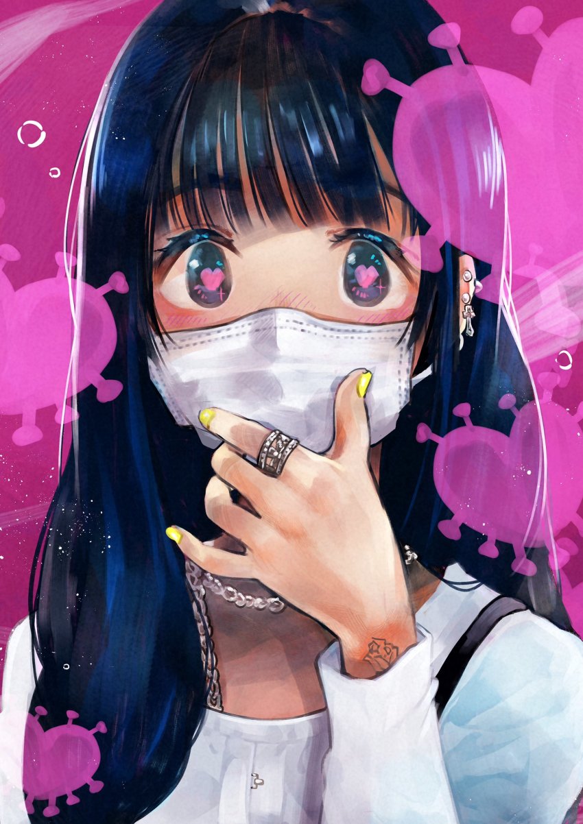 1girl aqua_eyes bag blue_hair blush chain chain_necklace coronavirus_pandemic ear_piercing earrings female_focus heart heart-shaped_pupils highres jewelry long_hair looking_at_viewer mask mouth_mask nail_polish necklace original piercing portrait rainys_bill ring solo surgical_mask sweater symbol-shaped_pupils tattoo virus white_sweater yellow_nails