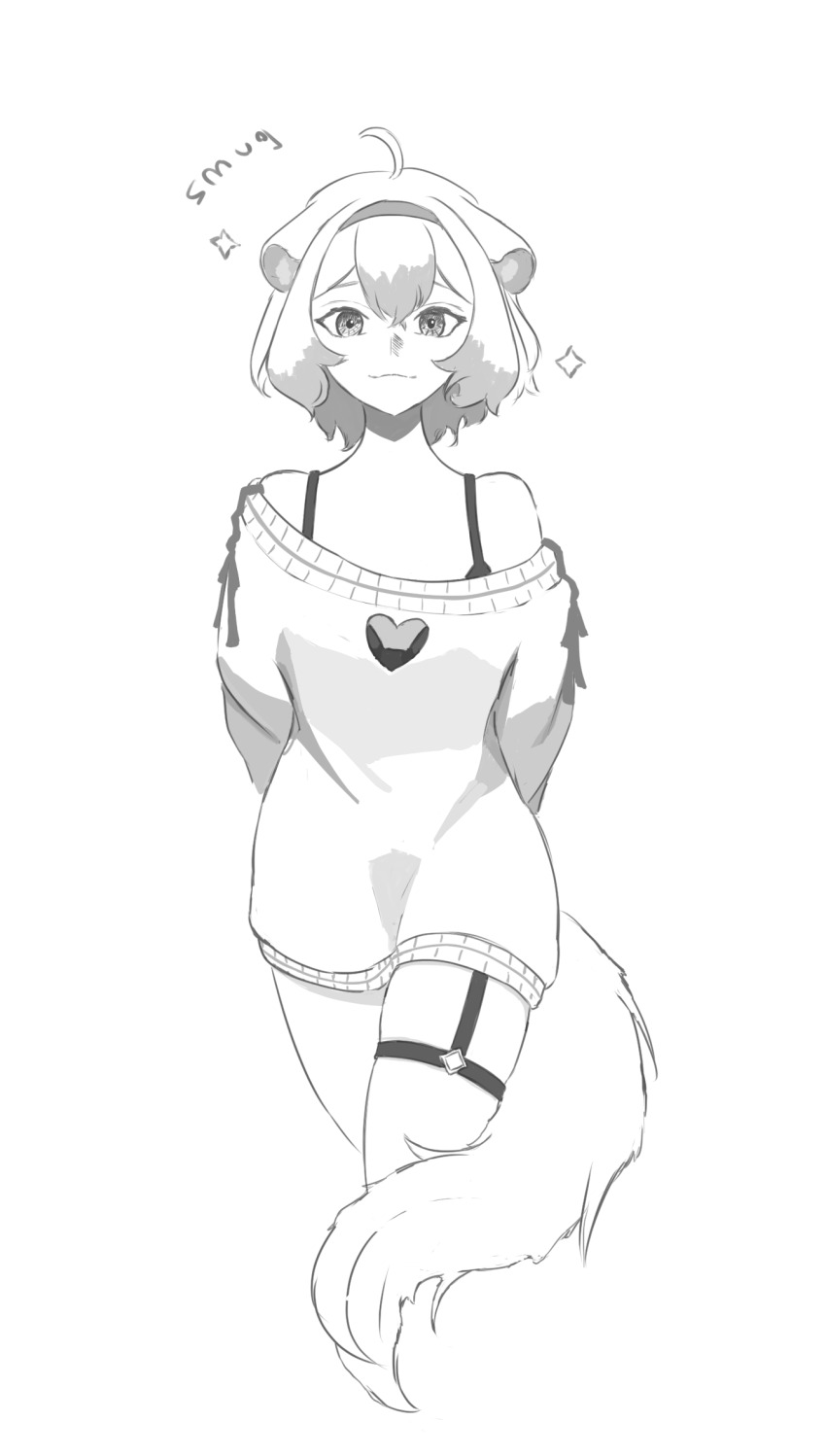 1girl ahoge animal_ears arms_behind_back asymmetrical_legwear autumn_tealeaf bare_shoulders black_bra bob_cut bra bra_strap cleavage_cutout clothing_cutout english_text eyelashes ferret ferret_ears ferret_girl ferret_tail greyscale highres indie_virtual_youtuber laimu_(vtuber) laimu_(vtuber)_(cozy) monochrome no_pants o-ring o-ring_thigh_strap skindentation smug sweater tail_around_own_leg thigh_strap underwear vinesauce virtual_youtuber