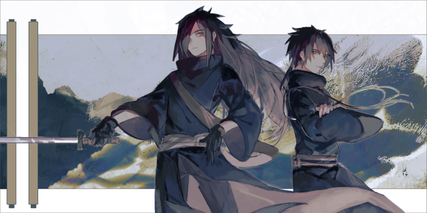 2boys belt black_gloves black_hair black_robe brown_belt closed_mouth crossed_arms gloves hair_over_one_eye highres holding holding_sword holding_weapon letterboxed long_hair long_sleeves looking_at_viewer male_focus multicolored_background multiple_boys naruto_(classic) naruto_(series) outside_border red_eyes robe scroll scroll_background serious short_hair standing sword uchiha_izuna uchiha_madara weapon wide_sleeves ylan_tu