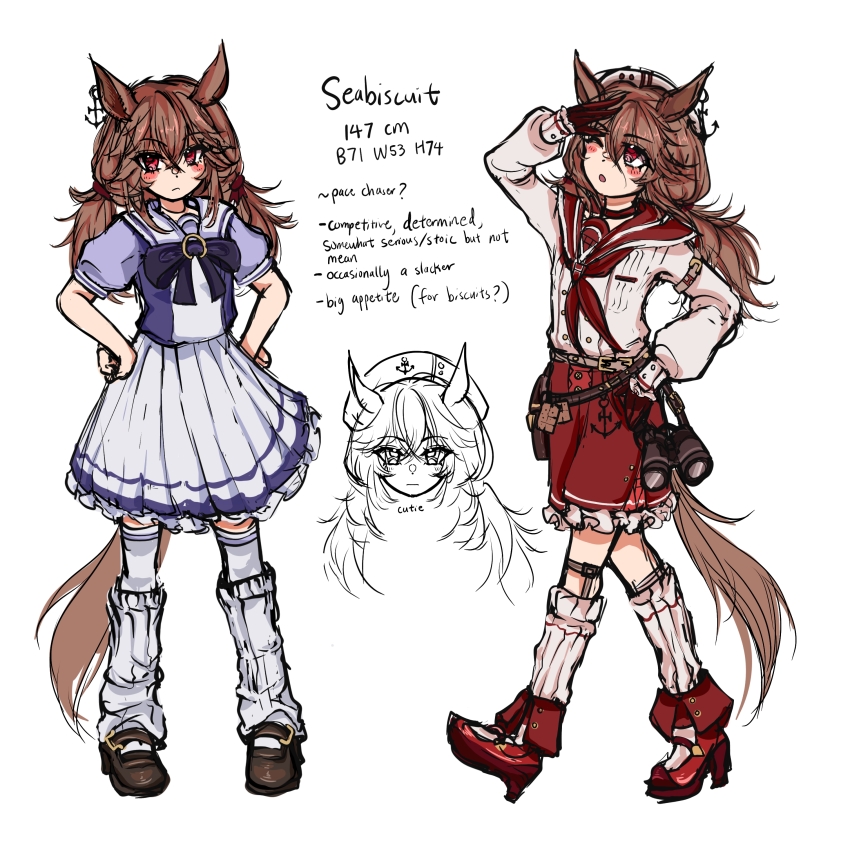 1girl absurdres animal_ears artist_request character_name highres horse_ears horse_girl horse_tail leg_warmers measurements multiple_views non-web_source open_mouth original reference_sheet sailor seabiscuit_(racehorse) self-upload short_twintails shorts sketch skirt tail twintails umamusume