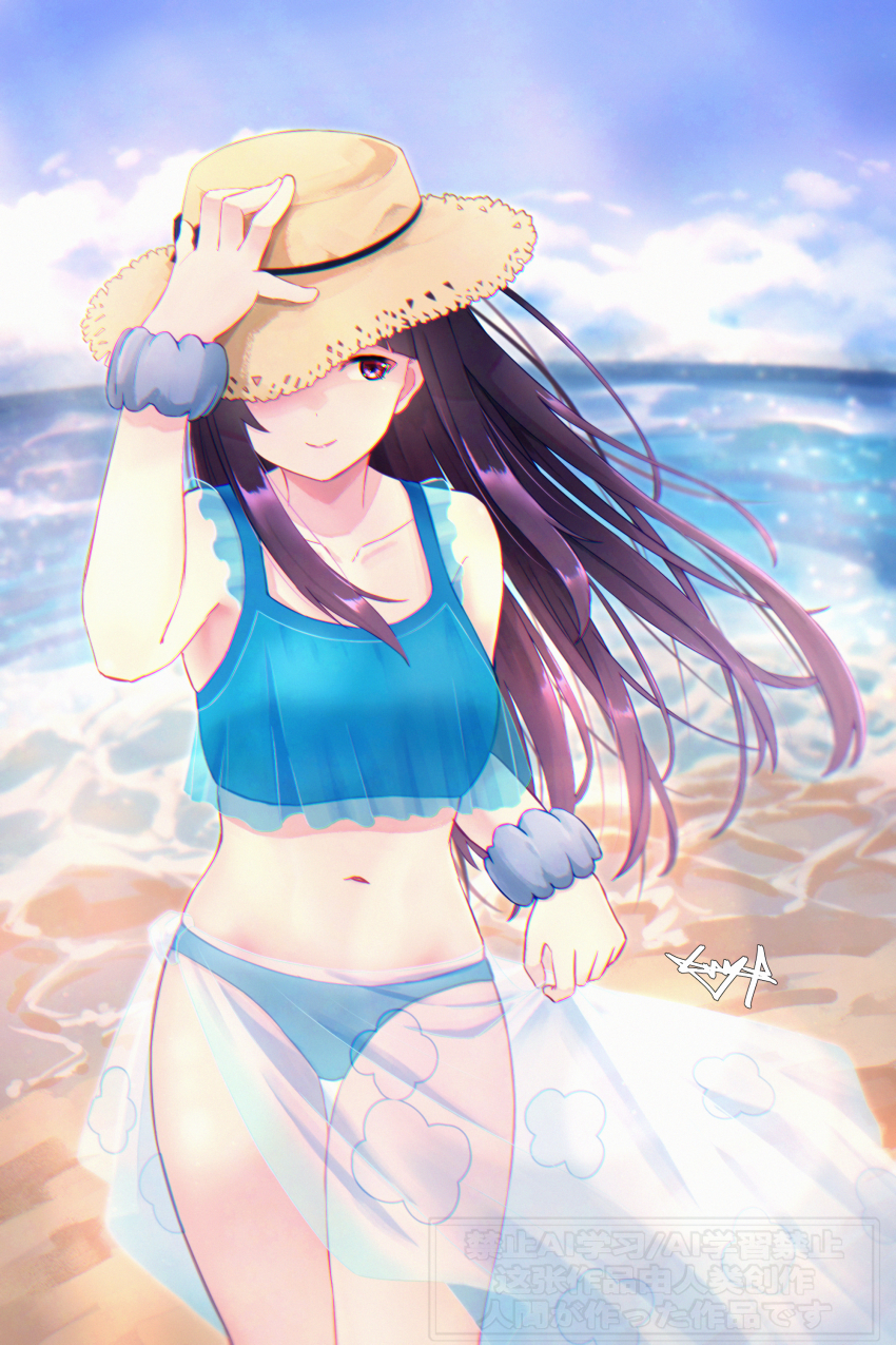 1girl absurdres beach bikini blue_bikini brown_hair collar commentary day english_commentary floating_hair hat highres long_hair mutsuki_(mutsuki0110) navel ocean outdoors purple_eyes purple_hair solo sun_hat swimsuit takanashi_kim_anouk_mei thighhighs yoru_no_kurage_wa_oyogenai
