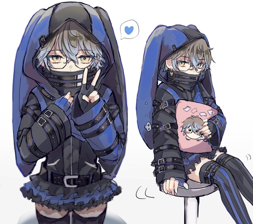 1boy animal_hood belt black_belt black_dress black_gloves black_thighhighs blue_eyes blue_gloves blue_hair blue_thighhighs brown_hair commentary cosplay covered_mouth crossdressing crossed_bangs dress earrings effole_(fairy_fencer_f) effole_(fairy_fencer_f)_(cosplay) english_commentary fairy_fencer_f fingerless_gloves frilled_skirt frills glasses gloves gradient_hair hair_between_eyes heart high_collar highres holding holding_pillow hood hood_up ike_eveland jewelry long_sleeves looking_at_viewer male_focus microskirt motion_lines multicolored_dress multicolored_eyes multicolored_hair multiple_views ngron027 nijisanji nijisanji_en on_chair pillow rabbit_hood short_hair simple_background sitting skirt spoken_heart striped_clothes striped_thighhighs thighhighs trap v vertical-striped_clothes vertical-striped_thighhighs virtual_youtuber white_background yellow_eyes zettai_ryouiki