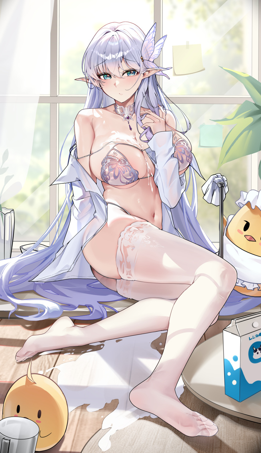 1girl absurdres albion_(a_fairy-tale_breakfast)_(azur_lane) albion_(azur_lane) apron aqua_eyes azur_lane bare_shoulders bikini blush bra breasts butterfly_hair_ornament cleavage collarbone commentary_request cup curtains drinking_glass duster feet full_body furrowed_brow hair_between_eyes hair_ornament hand_on_own_chest highres indoors large_breasts legs long_hair long_sleeves looking_at_viewer lying manjuu_(azur_lane) milk milk_carton navel no_shoes off-shoulder_shirt off_shoulder official_alternate_costume on_floor panties plant pointy_ears shirt sijinni soles solo spilled_milk sticky_note stomach string_bikini swimsuit thighhighs toes underwear very_long_hair white_apron white_bra white_hair white_panties white_shirt white_thighhighs window wooden_floor