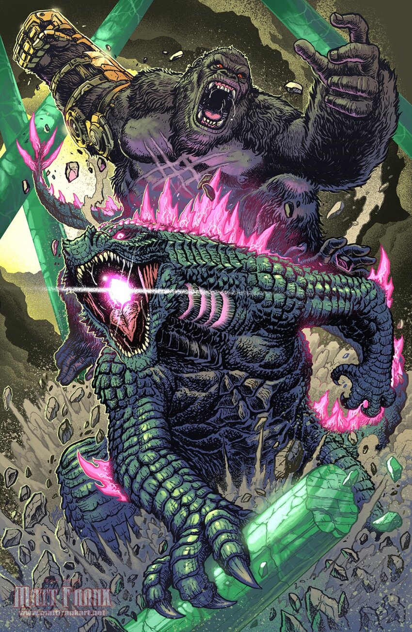 ape b.e.a.s.t._glove brown_eyes cave claws crossover crystal dinosaur elbow_blade elbow_spikes electroshock_weapon fangs gauntlets giant giant_monster gills glowing glowing_eyes glowing_gills glowing_mouth godzilla godzilla_(monsterverse) godzilla_(series) godzilla_evolved godzilla_x_kong:_the_new_empire gorilla highres kaiju king_kong king_kong_(series) kong_(monsterverse) legendary_pictures matt_frank monster monsterverse mountain muscular muscular_male no_humans open_mouth orange_eyes pectorals pink_eyes red_eyes scar scar_on_chest scar_on_stomach sea_monster sharp_teeth spiked_tail spikes tail teeth toho tongue underground warner_bros weapon