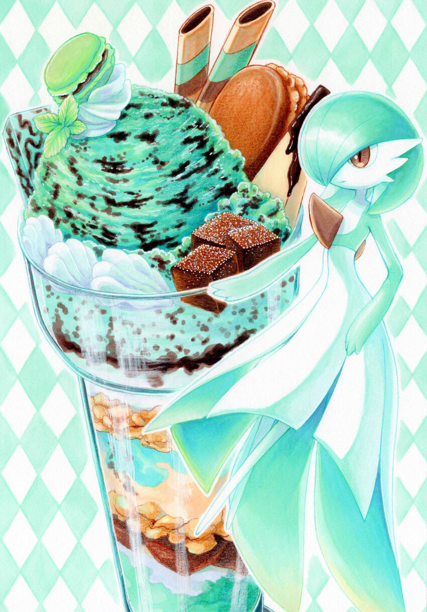 1girl absurdres argyle_background bob_cut closed_mouth colored_skin cream cup dessert drinking_glass expressionless female_focus flat_chest food food_focus full_body gardevoir gen_3_pokemon green_background green_hair green_skin hair_over_one_eye highres ice_cream macaron marker_(medium) mint mint_chocolate mint_chocolate_(razschi) multicolored_skin nintendo one_eye_covered orange_eyes outline parfait pokemon pokemon_(creature) short_hair solo standing traditional_media two-tone_skin wafer_stick white_outline white_skin yuka_(yukaaaaaaa0705)