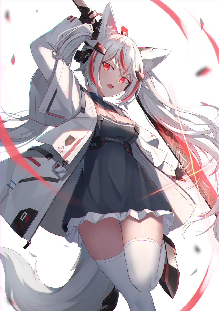 1girl animal_ears arm_up black_dress black_gloves breasts dress fingerless_gloves fox_ears fox_girl fox_tail gloves hair_ornament hairclip highres holding holding_sword holding_weapon jacket leg_up long_hair long_sleeves looking_at_viewer medium_breasts mirufuaa multicolored_hair open_clothes open_jacket open_mouth original red_eyes shoes short_dress simple_background solo streaked_hair sword tail thighhighs twintails v-shaped_eyebrows weapon white_background white_hair white_jacket white_thighhighs zettai_ryouiki