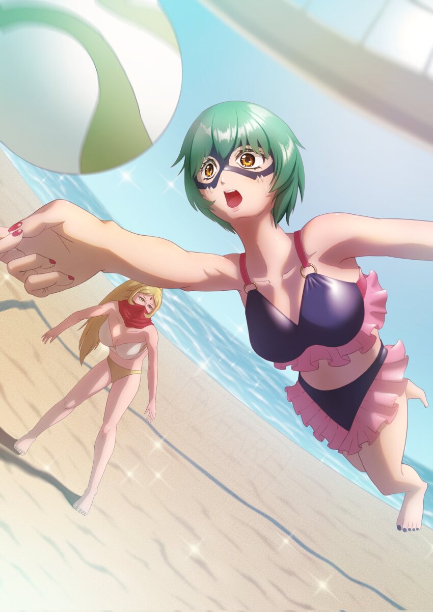 beach bikini cho-hakkaimon digimon digimon_(creature) hat mask monk nail_polish sanzomon swimsuit