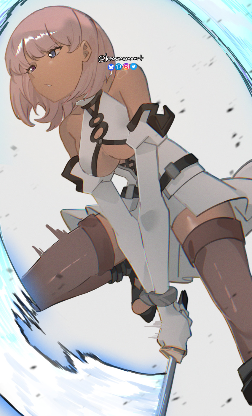 1girl absurdres alma_judikhali artist_name blue_eyes breasts brown_thighhighs cleavage corset dark-skinned_female dark_skin eyebrows_hidden_by_hair gloves heterochromia highres holding holding_sword holding_weapon jacket jumping knowname large_breasts looking_ahead open_mouth purple_eyes saikyou_no_shien-shoku_&quot;wajutsushi&quot;_dearu_ore_wa_sekai_saikyou_kuran_o_shitagaeru shorts simple_background solo swinging_arms sword thighhighs trembling underboob weapon white_background white_corset white_gloves white_hair white_jacket white_shorts