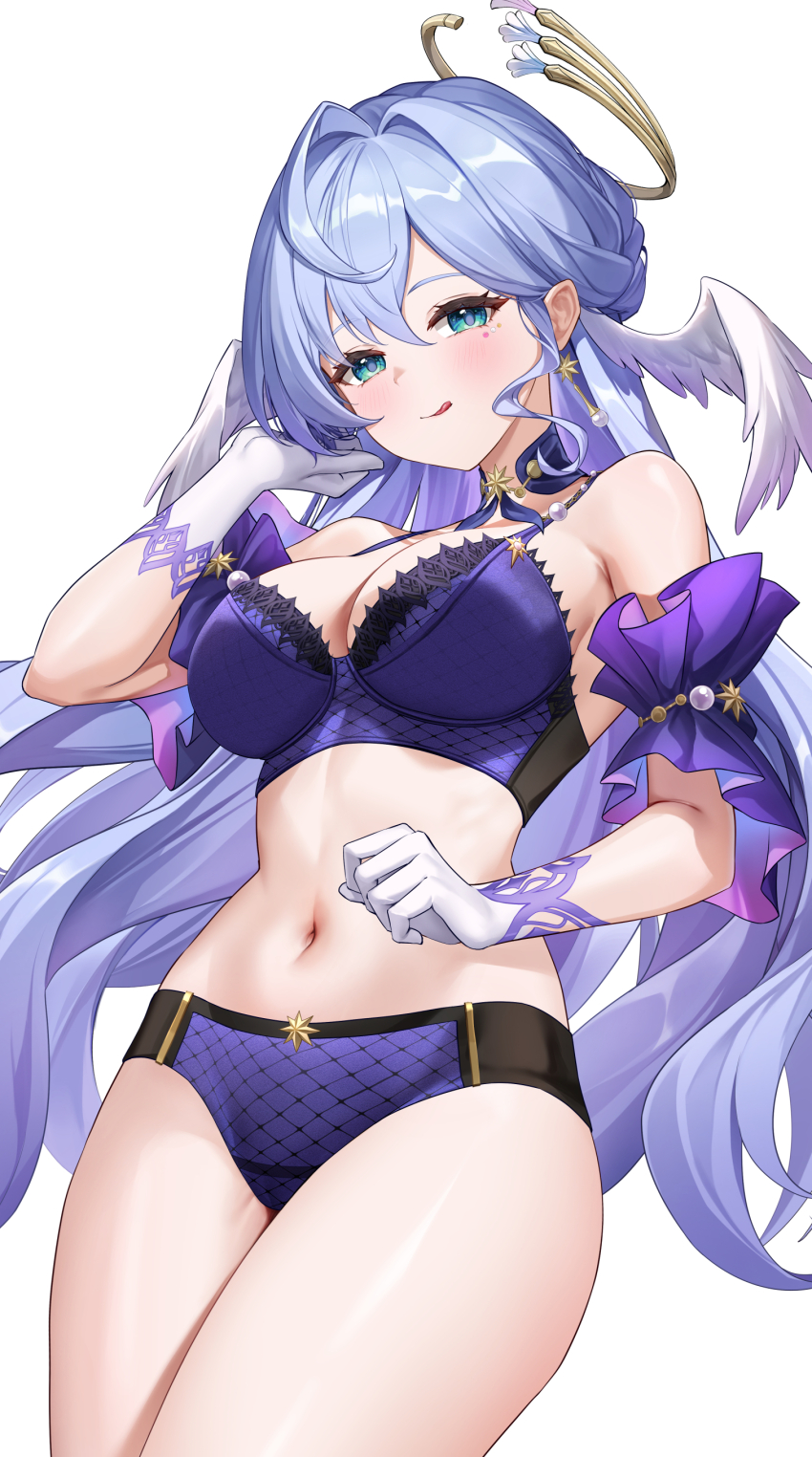 1girl :q absurdres armpit_crease bare_shoulders blue_eyes blue_hair blush bra breasts cleavage closed_mouth collar commentary cowboy_shot duplicate face_jewel gloves halo halo_behind_head hand_up head_wings highres honkai:_star_rail honkai_(series) jewel_under_eye large_breasts long_hair looking_at_viewer lunacle navel paid_reward_available panties pixel-perfect_duplicate purple_bra purple_collar purple_panties purple_sleeves robin_(honkai:_star_rail) short_sleeves simple_background smile solo stomach tongue tongue_out underwear underwear_only very_long_hair white_background white_gloves white_wings wings