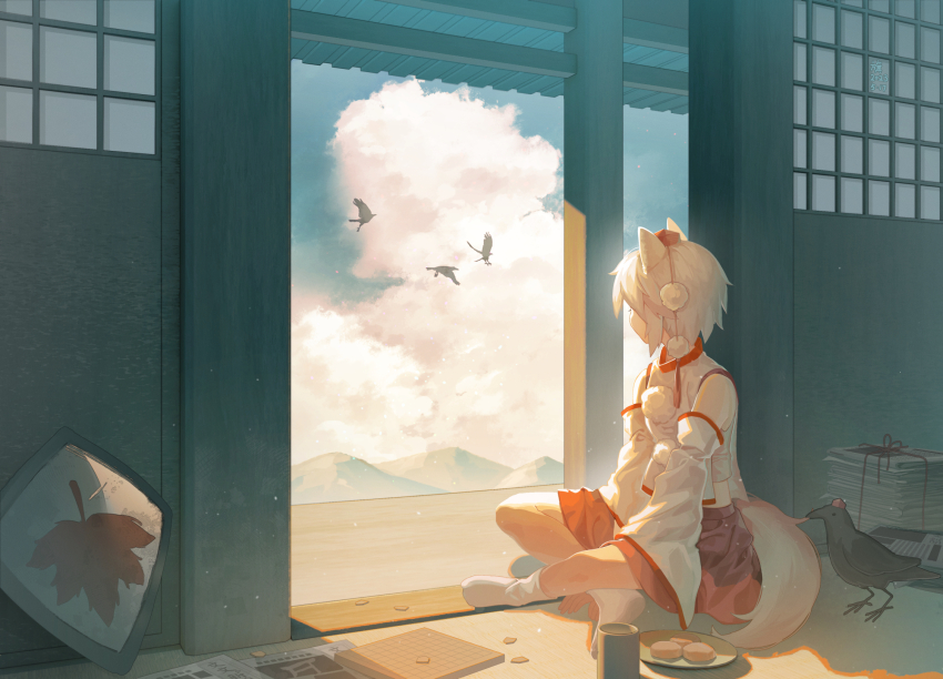 1girl animal animal_ears bare_shoulders bird cloud cloudy_sky crow cup detached_sleeves furahata_gen hat highres indoors inubashiri_momiji japanese_clothes newspaper pom_pom_(clothes) red_hat red_skirt ribbon-trimmed_sleeves ribbon_trim shameimaru_aya shameimaru_aya_(crow) shield short_hair sitting skirt sky socks solo tail tokin_hat touhou white_hair white_sleeves white_socks wide_sleeves wolf_ears wolf_tail yunomi