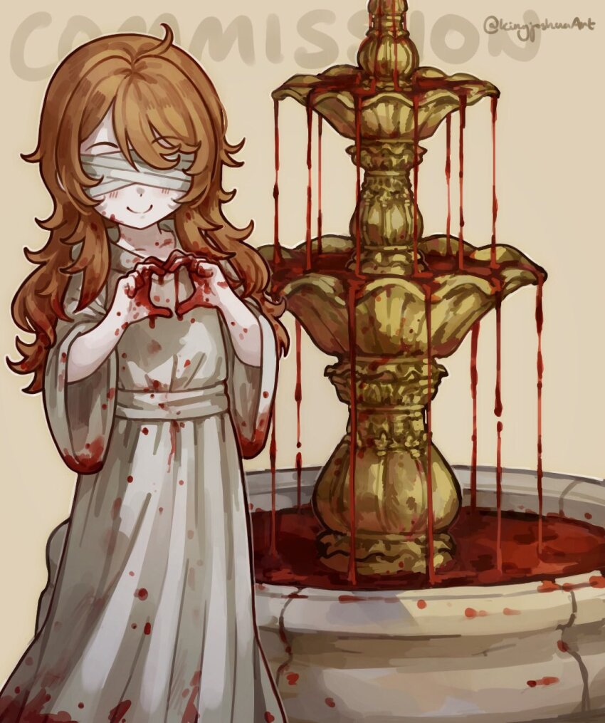 1girl blind blindfold blood blood_in_hair blood_on_clothes blood_on_face blood_on_hands blush child commission dominions fountain fountain_of_blood_(dominions) heart heart_hands highres kingjoshua long_hair orange_hair robe simple_background solo standing twitter_username white_robe