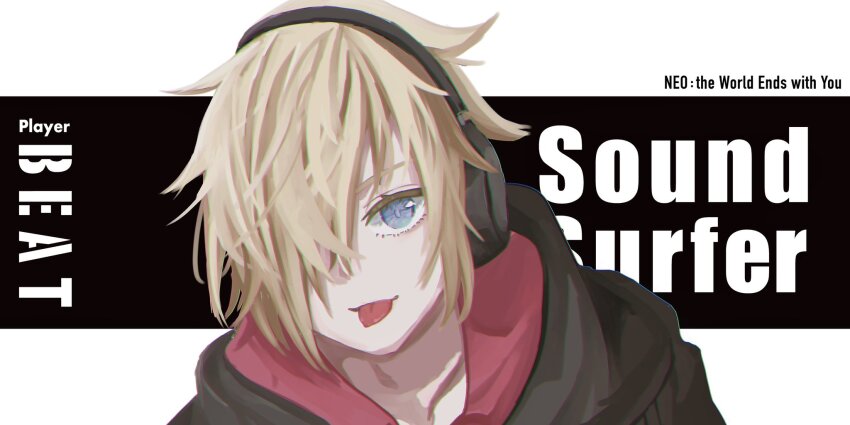 1boy bito_daisukenojo black_hoodie blonde_hair blue_eyes character_name english_text hair_over_one_eye headphones highres hood hoodie looking_at_viewer male_focus shin_subarashiki_kono_sekai smile solo solo_focus subarashiki_kono_sekai tongue tongue_out upper_body
