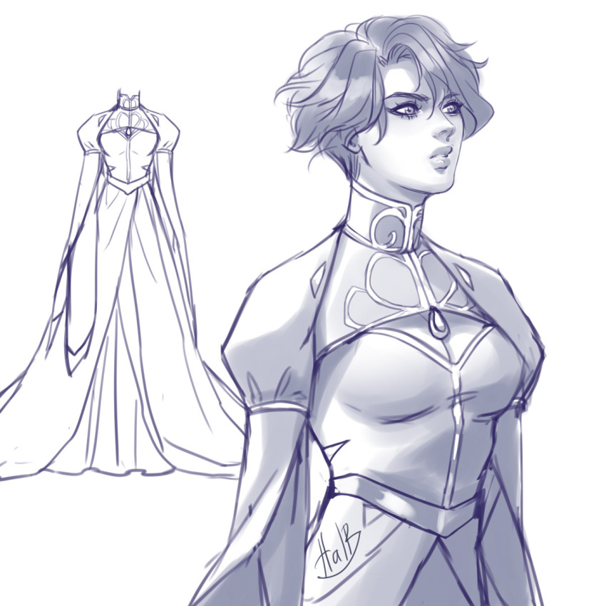 1girl alternate_costume bishoujo_senshi_sailor_moon black_hair chiba_mamoru cleavage_cutout clothing_cutout commentary dress endymion_(sailor_moon) english_commentary genderswap genderswap_(mtf) gown highres lirahalovna long_sleeves looking_to_the_side mandarin_collar monochrome princess short_hair signature simple_background sketch solo upper_body white_background