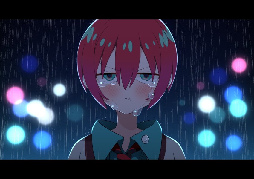 1girl amate_yuzuriha aqua_eyes aqua_shirt black_necktie blush closed_mouth collared_shirt commentary crying crying_with_eyes_open gundam gundam_gquuuuuux hair_between_eyes letterboxed looking_at_viewer necktie pout rain red_hair red_necktie sabi1234 school_uniform shirt solo striped_necktie symbol-only_commentary tears two-tone_necktie