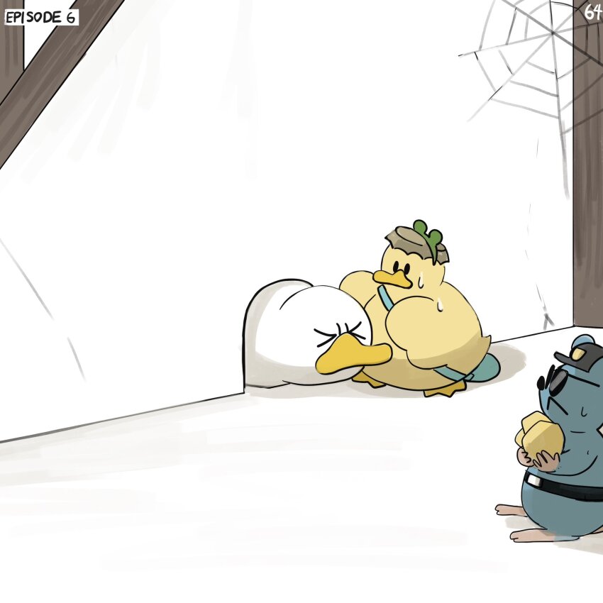 &gt;_&lt; bag belt bird bottle_cap cheese diva_(hyxpk) duck duckling food frog_headband hat highres mouse_(animal) mouse_hole no_humans numbered original police_hat silk simple_background spider_web stuck sunglasses white_background wooden_beam