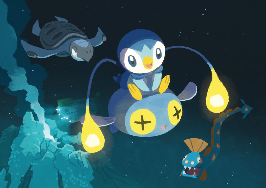 +_+ :d air_bubble blue_eyes bubble chinchou commentary_request gen_2_pokemon gen_3_pokemon gen_4_pokemon gen_5_pokemon highres huntail nintendo no_humans open_mouth piplup pokemon pokemon_(creature) project_pochama riding riding_pokemon sitting smile submarine tirtouga toes tongue underwater watercraft