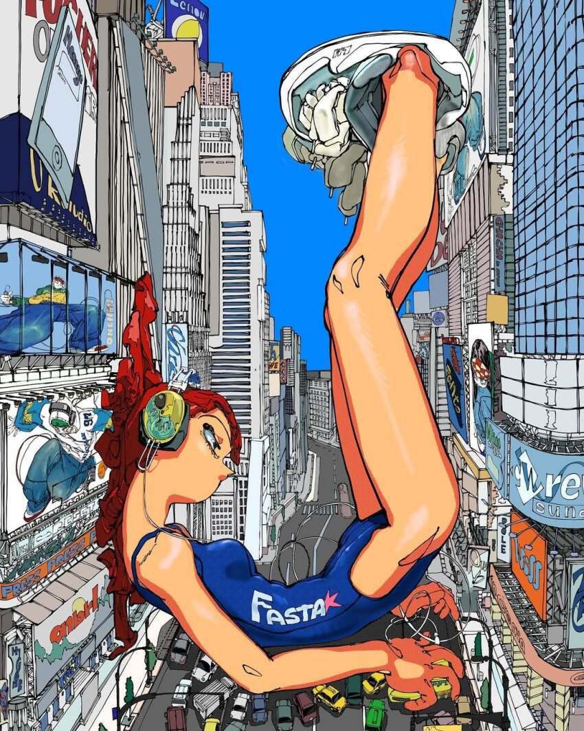 1girl blue_one-piece_swimsuit blue_sky building cha._cha. city commentary_request full_body giant giantess headset highres korean_commentary legs_up lying on_back one-piece_swimsuit original outdoors red_hair road shoes sky skyscraper sneakers solo street swimsuit traffic_light utility_pole