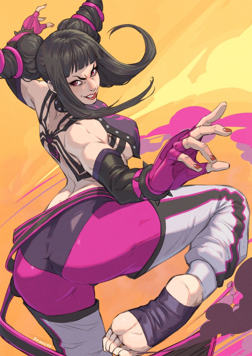 1girl animal_print ass black_hair breasts cloud danusko evil_smile feet fighting_stance fingerless_gloves gloves hair_horns han_juri highres large_breasts lips nail_polish one_leg_raised pants pink_eyes smile smoke spider_print street_fighter street_fighter_iv_(series) toes