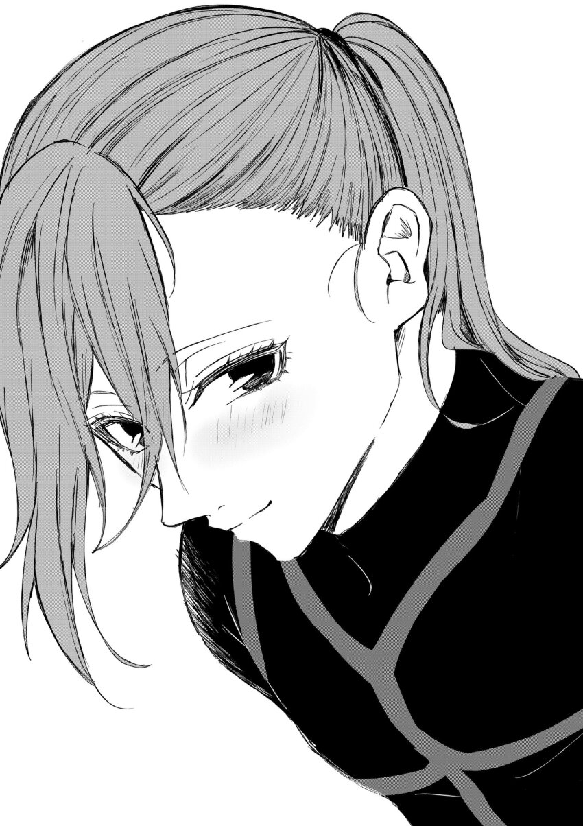 1boy alternate_hairstyle blue_lock blue_lock_bodysuit blush chigiri_hyoma commentary_request from_side greyscale hair_pulled_back highres light_smile long_hair looking_at_viewer male_focus mirenyan_x monochrome simple_background solo upper_body white_background