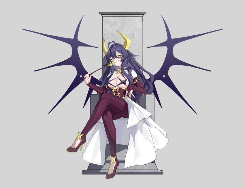 1girl absurdres ahoge breasts cleavage corset cross cross_pasties crossed_legs demon_horns demon_wings elbow_gloves eyebrows_hidden_by_hair facial_tattoo full_body gloves grey_background grin hair_between_eyes heart heart_ahoge high_heels highres hiiragi_utena holding holding_riding_crop horns large_breasts long_hair looking_at_viewer magia_baiser mahou_shoujo_ni_akogarete ningmengxiajiao open_mouth pants pasties purple_corset purple_gloves purple_pants riding_crop shrug_(clothing) simple_background sitting sitting_on_throne smile solo stiletto_heels tattoo very_long_hair wings
