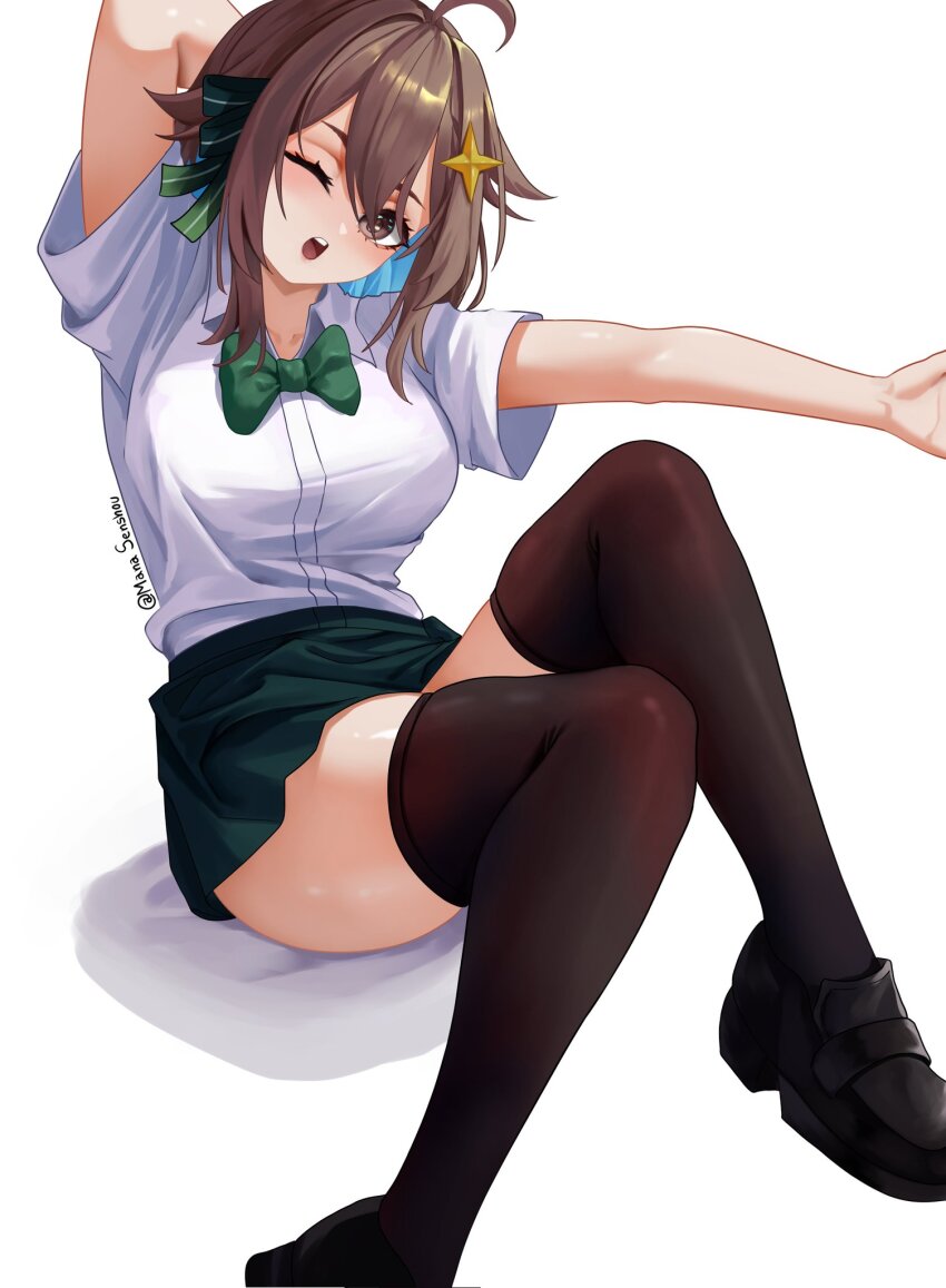 1girl alternate_costume aqua_hair arm_behind_head arms_up artist_name black_shoes black_thighhighs blush bow bowtie breasts brown_eyes colored_inner_hair eyebrows eyelashes female_focus foot_out_of_frame green_bow green_bowtie green_skirt highres chromashift knees_up large_breasts mana_(manasenshou) matching_hair/eyes medium_hair meica_(vtuber) multicolored_hair open_mouth outstretched_arm school_uniform shoes simple_background sitting skirt solo stretching teeth thighhighs thighs two-tone_hair upper_teeth_only virtual_youtuber white_background