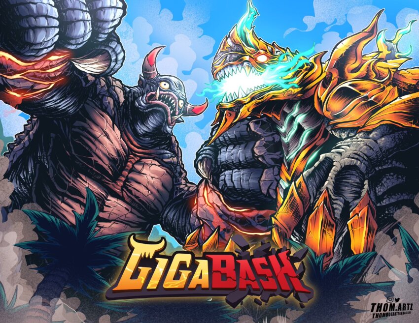 blue_sky body_markings breath_weapon breathing_fire claws cloud day dinosaur dirt dragon dust energy english_text fire from_below giant giant_monster gigabash glowing glowing_eyes glowing_horns glowing_markings glowing_mouth glowing_veins gorogong green_fire highres horns kaiju lava monster neon_trim no_humans no_pupils palm_tree passion_republic_games pov rawa red_eyes scar sharp_teeth signature sky teeth thomdotartz tree tusks veins yellow_eyes