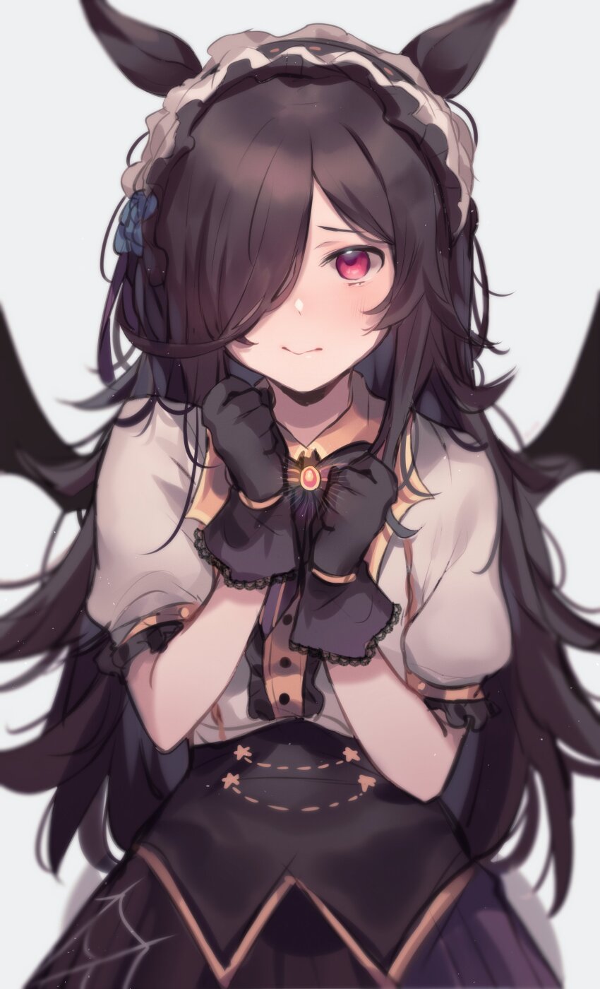 1girl absurdres allze animal_ears black_gloves black_skirt bow bowtie brooch brown_hair center_frills closed_mouth collared_shirt frilled_hairband frills gloves glowing grey_background grey_shirt hair_ornament hairband hands_up high-waist_skirt highres horse_ears jewelry long_hair looking_at_viewer puffy_short_sleeves puffy_sleeves red_eyes rice_shower_(make_up_vampire!)_(umamusume) rice_shower_(umamusume) shirt short_sleeves simple_background skirt solo umamusume upper_body wings