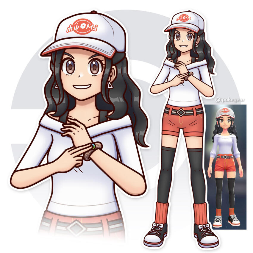 1girl baseball_cap belt black_belt black_hair black_shoes black_thighhighs bow bracelet breasts brown_eyes collarbone commentary earrings english_commentary eyelashes footwear_bow full_body game_screenshot_inset harmony_(pokemon) hat highres ipokegear jewelry long_hair mega_ring mega_stone nintendo orange_shorts orange_socks original outline poke_ball_symbol pokemon pokemon_legends:_z-a shirt shoes shorts sidelocks smile socks socks_over_thighhighs thighhighs triangle_earrings white_background white_bow white_hat white_outline white_shirt