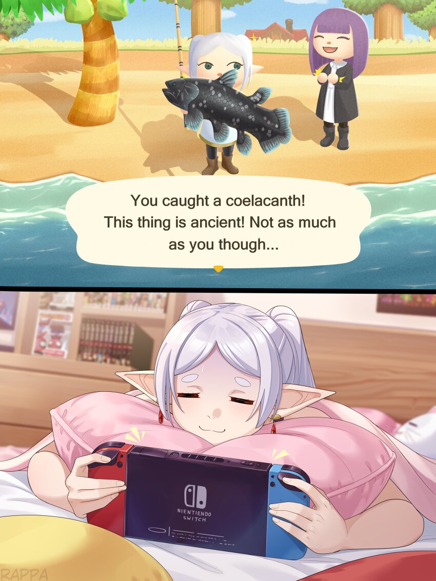 2girls =_= absurdres animal_crossing closed_eyes coelacanth commentary fern_(sousou_no_frieren) fish fishing_rod frieren green_eyes handheld_game_console highres holding holding_fishing_rod holding_handheld_game_console indoors long_hair lying multiple_girls nintendo nintendo_switch on_bed on_stomach palm_tree parted_bangs pink_pillow playing_games pointy_ears purple_hair rappa_(sirrappa) shadow shore smile sousou_no_frieren tree water white_hair
