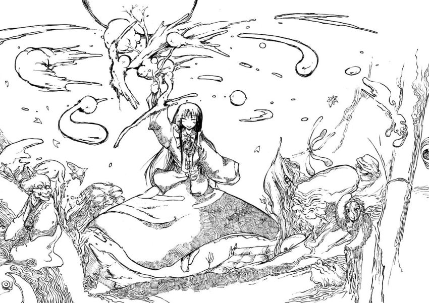 1girl bird branch closed_eyes female_focus fine_art_parody greyscale houraisan_kaguya jeweled_branch_of_hourai monochrome monster pandemonium parody smile solo touhou