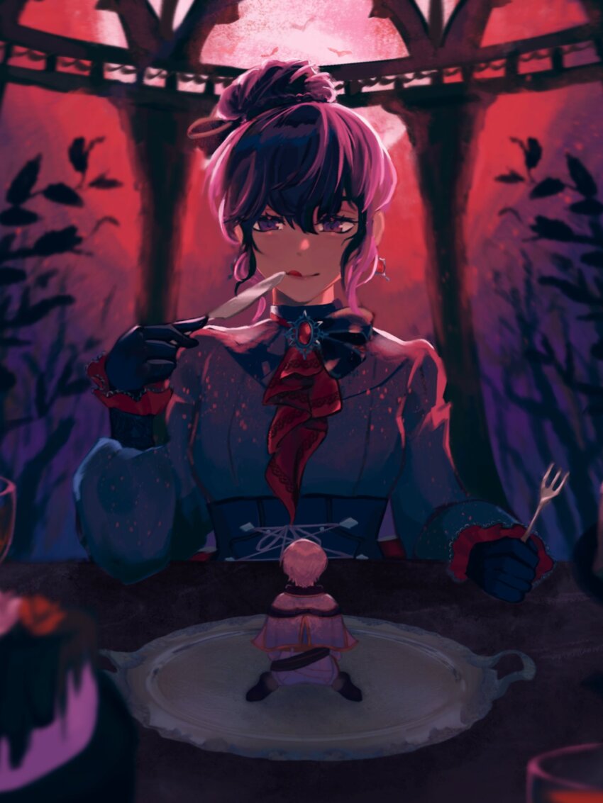 2girls :q alternate_size architecture asahina_mafuyu ascot bat_(animal) breasts capelet column commentary corset cross-laced_clothes cross-laced_corset cup drinking_glass earrings english_commentary facing_away food fork frilled_sleeves frills gem gloves gothic_architecture hair_between_eyes hair_bun highres holding holding_fork holding_knife jewelry knife kono_hito_hari_ni_omoi_wo_komeru_(project_sekai) long_sleeves medium_breasts medium_hair mini_person minigirl moon multiple_girls official_alternate_costume official_alternate_hair_length official_alternate_hairstyle pants pastry pillar plate project_sekai puffy_long_sleeves puffy_sleeves purple_corset purple_eyes purple_gloves purple_hair purple_shirt red_ascot red_frills red_gemstone red_moon relax_teatime_(project_sekai) shirt short_hair sidelocks single_hair_bun sitting size_difference table tinyresa tongue tongue_out upper_body very_short_hair wariza white_capelet white_hair white_pants wine_glass yoisaki_kanade