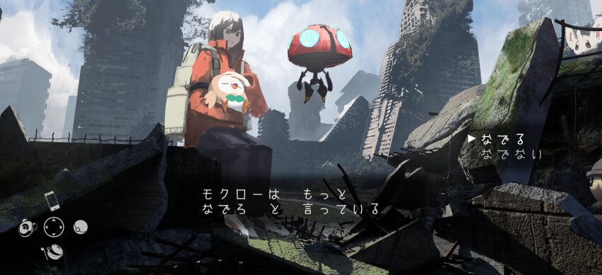 1girl abandoned absurdres asteroid_ill backpack bag black_hair black_pants building cityscape cloud cloudy_sky collared_jacket concrete day fake_screenshot full_body gen_3_pokemon gen_5_pokemon gen_7_pokemon gen_8_pokemon grey_eyes hair_between_eyes hand_on_another&#039;s_head heads-up_display highres jacket long_hair long_sleeves looking_at_another minccino moss nintendo orange_jacket orbeetle outdoors overgrown pants petting pokemon pokemon_(creature) post-apocalypse rebar rowlet ruins scenery seedot sidelocks sitting sky solo translation_request tree user_interface