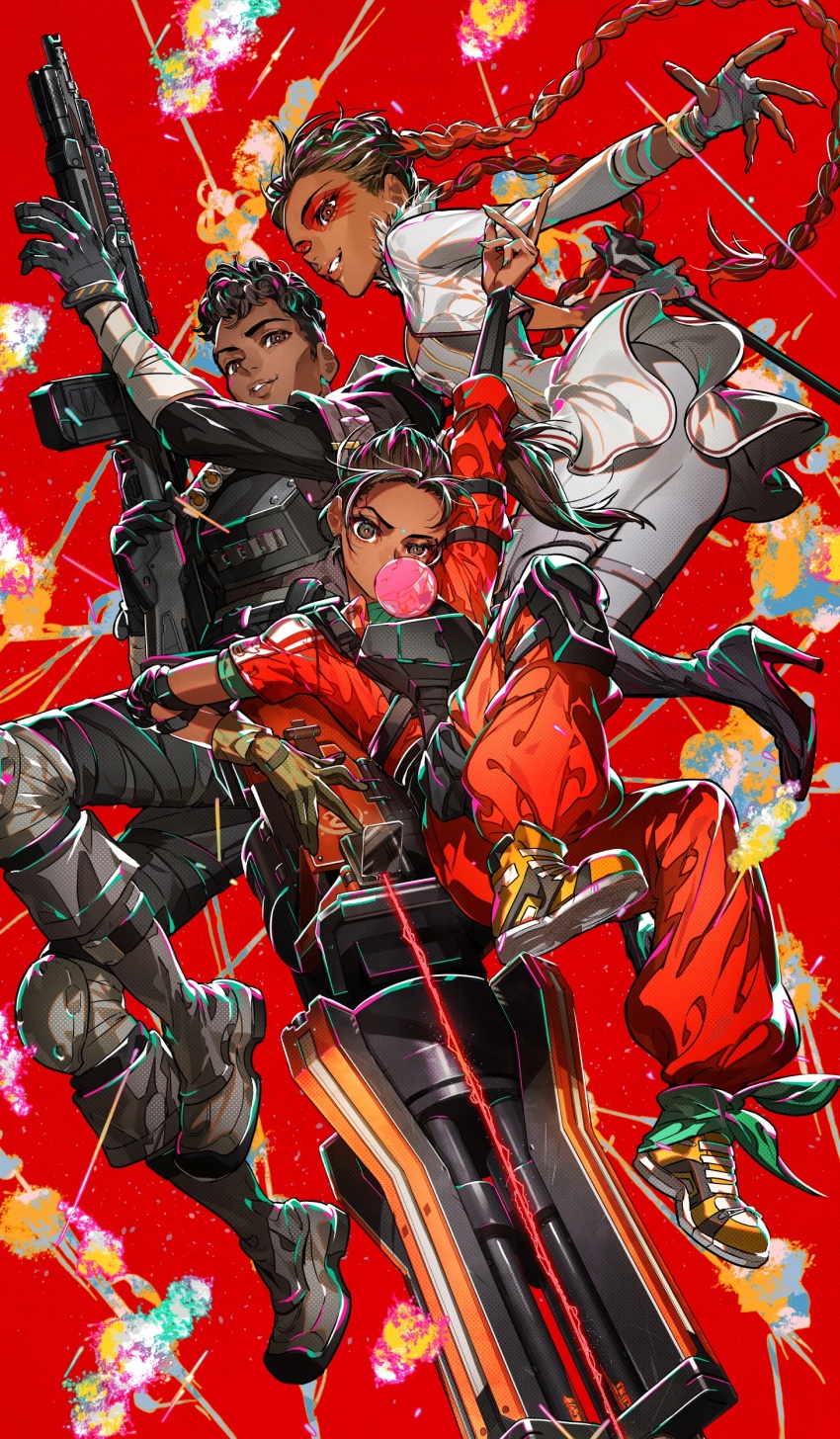 absurdres animification apex_legends ass braid breasts brown_eyes brown_hair character_request dark-skinned_female dark_skin eyeshadow gloves gun highres holding holding_gun holding_weapon jacket loba_(apex_legends) long_sleeves looking_at_viewer makeup mika_pikazo multicolored_hair multiple_girls official_art open_mouth rampart_(apex_legends) red_eyeshadow red_hair short_hair smile twin_braids very_dark_skin weapon