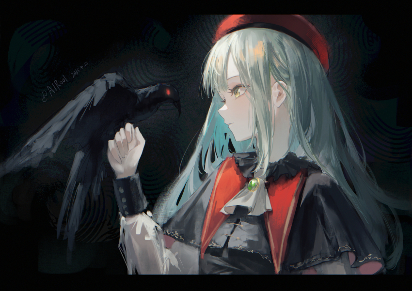 1girl airool animal animal_on_hand ascot bang_dream! bang_dream!_it&#039;s_mygo!!!!! beret bird black_capelet black_dress blue_hair brooch capelet commentary crow dated dress english_commentary glowing glowing_eye green_eyes grey_ascot hand_up hat highres jewelry long_hair long_sleeves mortis_(bang_dream!) mortis_(costume)_(bang_dream!) parted_lips puffy_long_sleeves puffy_sleeves red_eyes red_hat shirt solo twitter_username upper_body wakaba_mutsumi white_shirt