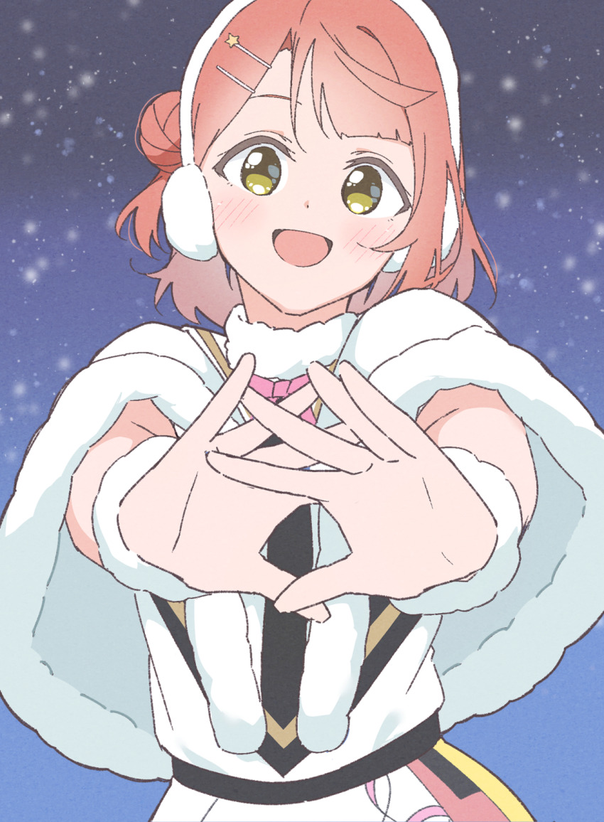 :d blue_background blunt_bangs blush bow bowtie capelet colorful_dreams!_colorful_smiles!_(love_live!) commentary_request earmuffs fur-trimmed_capelet fur_trim hair_bun hair_ornament hairclip highres liz_(piyoko_piyop) looking_at_viewer love_live! love_live!_nijigasaki_high_school_idol_club medium_hair open_mouth pink_bow pink_bowtie pink_hair shirt single_side_bun skirt smile swept_bangs uehara_ayumu upper_body white_capelet white_shirt white_skirt yellow_eyes