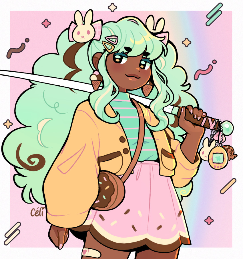1girl :3 absurdres aqua_hair aqua_shirt arm_at_side artist_name blunt_bangs border bow buttons chocolate_print cowboy_shot curly_hair dark_skin donut_print earrings fingernails food-themed_bag food-themed_clothes food-themed_earrings food_print hair_bow hair_ornament hairclip hand_up highres holding holding_sword holding_weapon ice_cream_earrings jacket jewelry katana long_hair looking_at_viewer miniskirt multicolored_hair open_clothes open_jacket original outside_border over_shoulder pianta_celi pink_background pink_skirt pocket rabbit_hair_ornament shirt short_eyebrows sidelocks simple_background skirt smug solo streaked_hair striped_clothes striped_shirt sword sword_over_shoulder tamagotchi tamagotchi_(classic) thick_eyebrows turtleneck very_dark_skin very_long_hair weapon weapon_over_shoulder white_border yellow_jacket