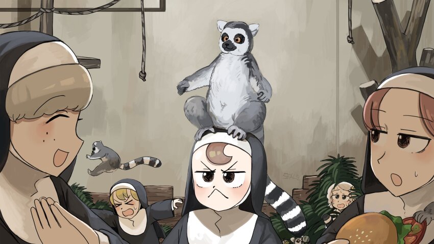 &gt;_&lt; 5girls :&lt; :d :o animal animal_on_head bird blonde_hair brown_eyes brown_hair burger chicken closed_eyes clumsy_nun_(diva) commentary diva_(hyxpk) duck english_commentary food freckles froggy_nun_(diva) grey_hair habit hair_ornament highres hungry_nun_(diva) lemur light_brown_hair little_nuns_(diva) little_star_girl_(diva) multiple_girls nun on_head open_mouth sheep_nun_(diva) slice_of_life smile star_(symbol) star_hair_ornament traditional_nun