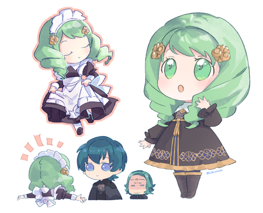 1girl 2boys alternate_costume byleth_(fire_emblem) drill_hair facial_hair fire_emblem fire_emblem:_three_houses flayn_(fire_emblem) garreg_mach_monastery_uniform green_eyes green_facial_hair green_hair long_hair maid multiple_boys nintendo seteth_(fire_emblem) twin_drills urooom