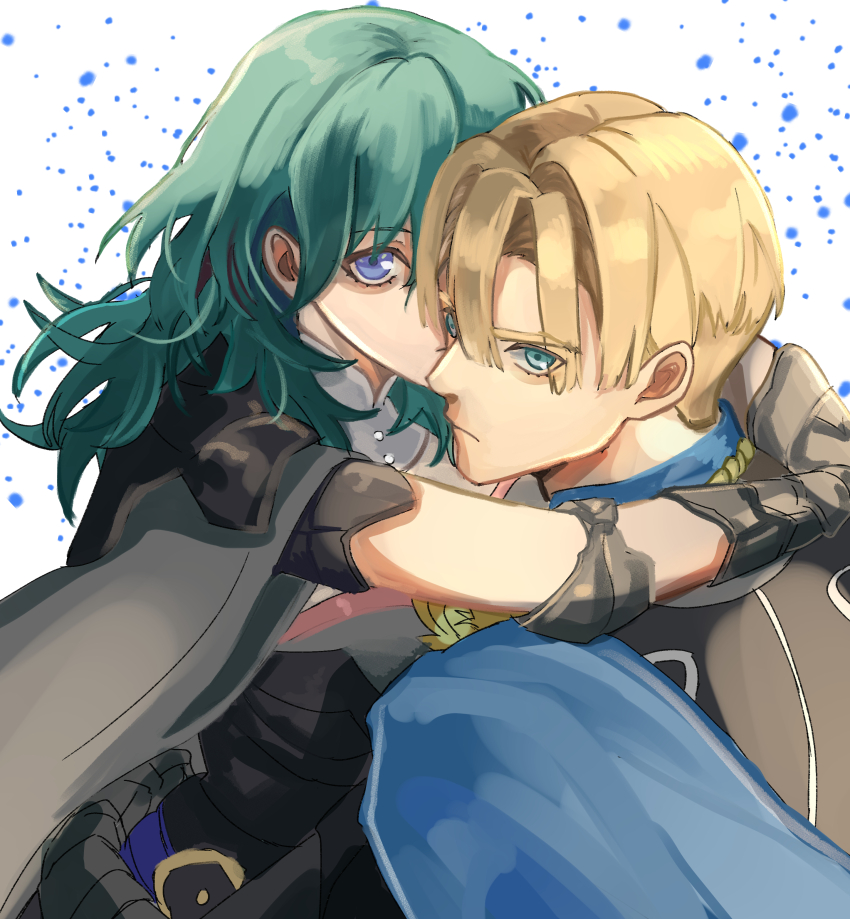 1boy 1girl absurdres armor armored_gloves arms_around_neck blonde_hair blue_cloak blue_eyes breasts cloak couple dimitri_alexandre_blaiddyd elbow_pads female_byleth_(fire_emblem) fire_emblem fire_emblem:_three_houses green_hair grey_cloak hair_between_eyes hetero highres hug large_breasts light_frown looking_at_viewer nintendo parted_bangs rino_han shoulder_armor sketch upper_body