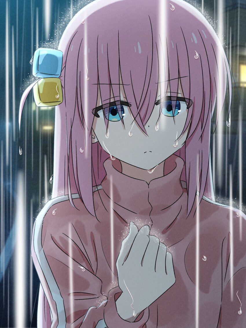 1girl absurdres blue_eyes bocchi_the_rock! closed_mouth commentary_request cube_hair_ornament dot_nose frown gotoh_hitori hair_between_eyes hair_ornament hand_up highres jacket long_hair long_sleeves looking_at_hand mayo_(oekaki_bibbi) one_side_up pink_hair pink_jacket rain sidelocks solo split_mouth track_jacket upper_body wet wet_clothes wet_hair